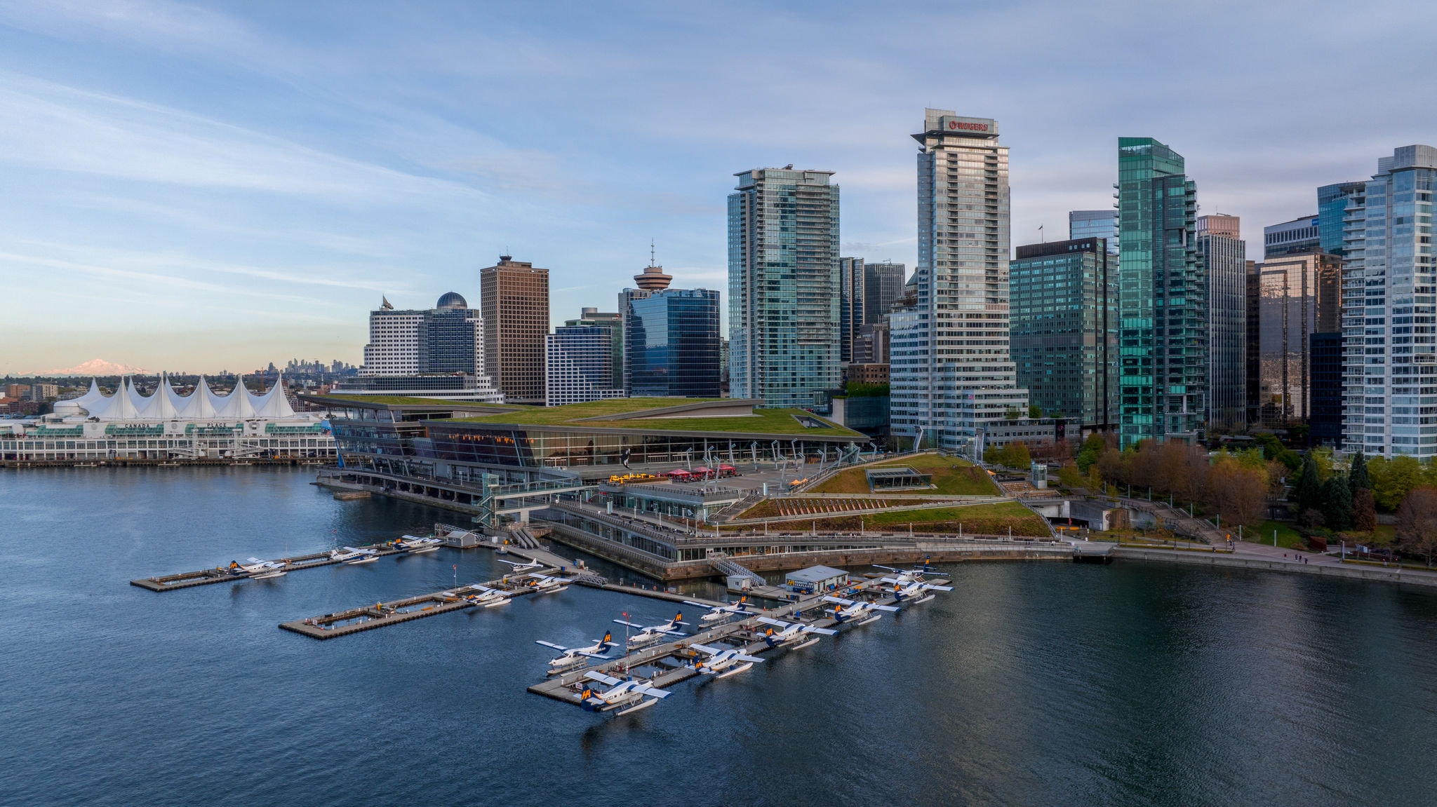 A wide aerial shot of the Vancouver Harbour Flight Centre